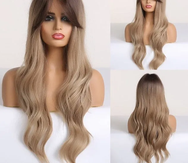 Yeknu Long Ombre Light Ash Brown Blonde Wavy Wig Cosplay Party Daily Synthetic Wig for Women High Density Temperature Fibre