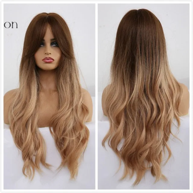 Yeknu Long Ombre Light Ash Brown Blonde Wavy Wig Cosplay Party Daily Synthetic Wig for Women High Density Temperature Fibre