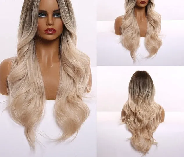 Yeknu Long Ombre Light Ash Brown Blonde Wavy Wig Cosplay Party Daily Synthetic Wig for Women High Density Temperature Fibre