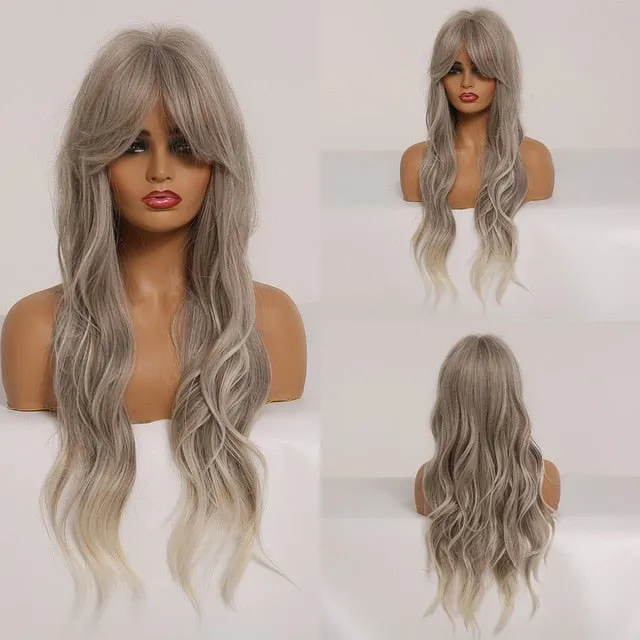 Yeknu Long Ombre Light Ash Brown Blonde Wavy Wig Cosplay Party Daily Synthetic Wig for Women High Density Temperature Fibre