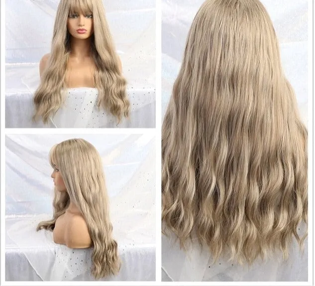 Yeknu Long Ombre Light Ash Brown Blonde Wavy Wig Cosplay Party Daily Synthetic Wig for Women High Density Temperature Fibre