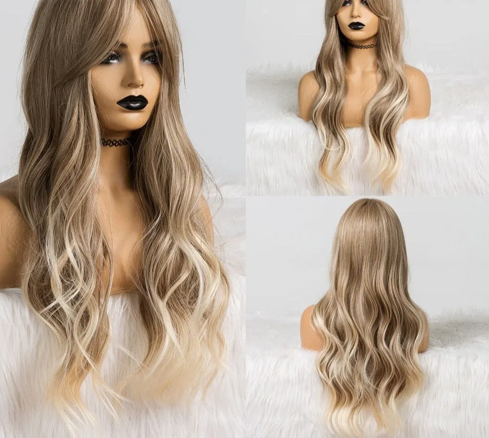 Yeknu Long Ombre Light Ash Brown Blonde Wavy Wig Cosplay Party Daily Synthetic Wig for Women High Density Temperature Fibre