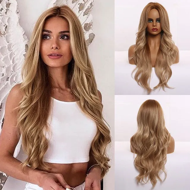 Yeknu Long Ombre Light Ash Brown Blonde Wavy Wig Cosplay Party Daily Synthetic Wig for Women High Density Temperature Fibre