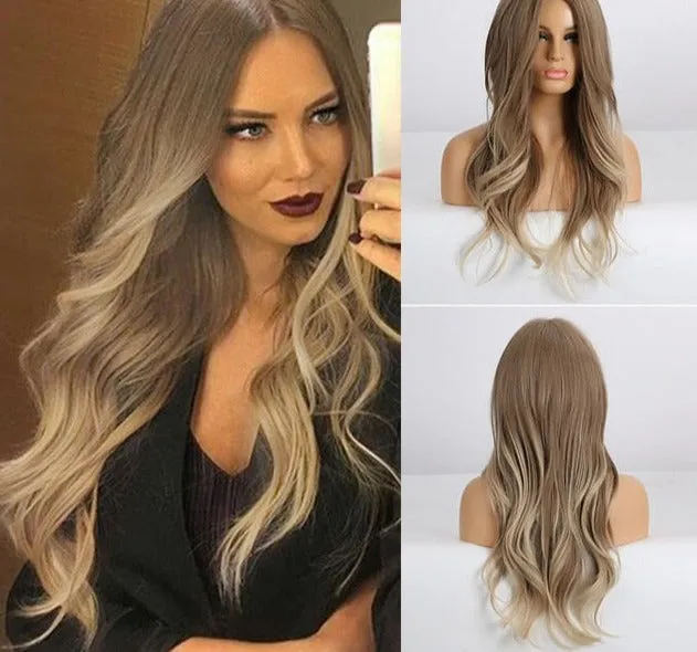 Yeknu Long Ombre Light Ash Brown Blonde Wavy Wig Cosplay Party Daily Synthetic Wig for Women High Density Temperature Fibre