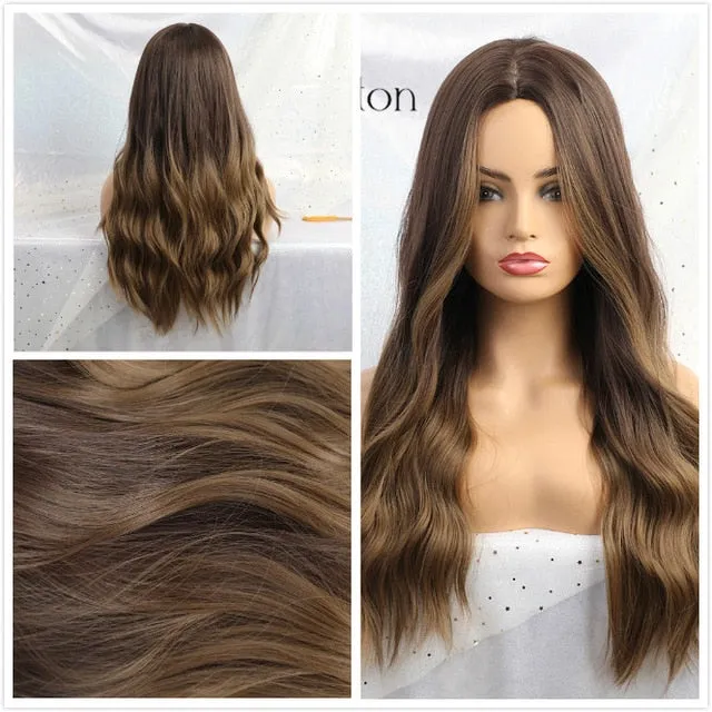 Yeknu Long Ombre Light Ash Brown Blonde Wavy Wig Cosplay Party Daily Synthetic Wig for Women High Density Temperature Fibre